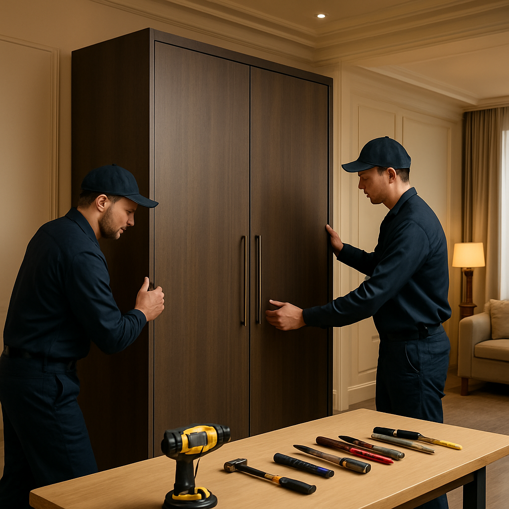 Equipe da MJD Montagem instalando um armário moderno em apartamento residencial